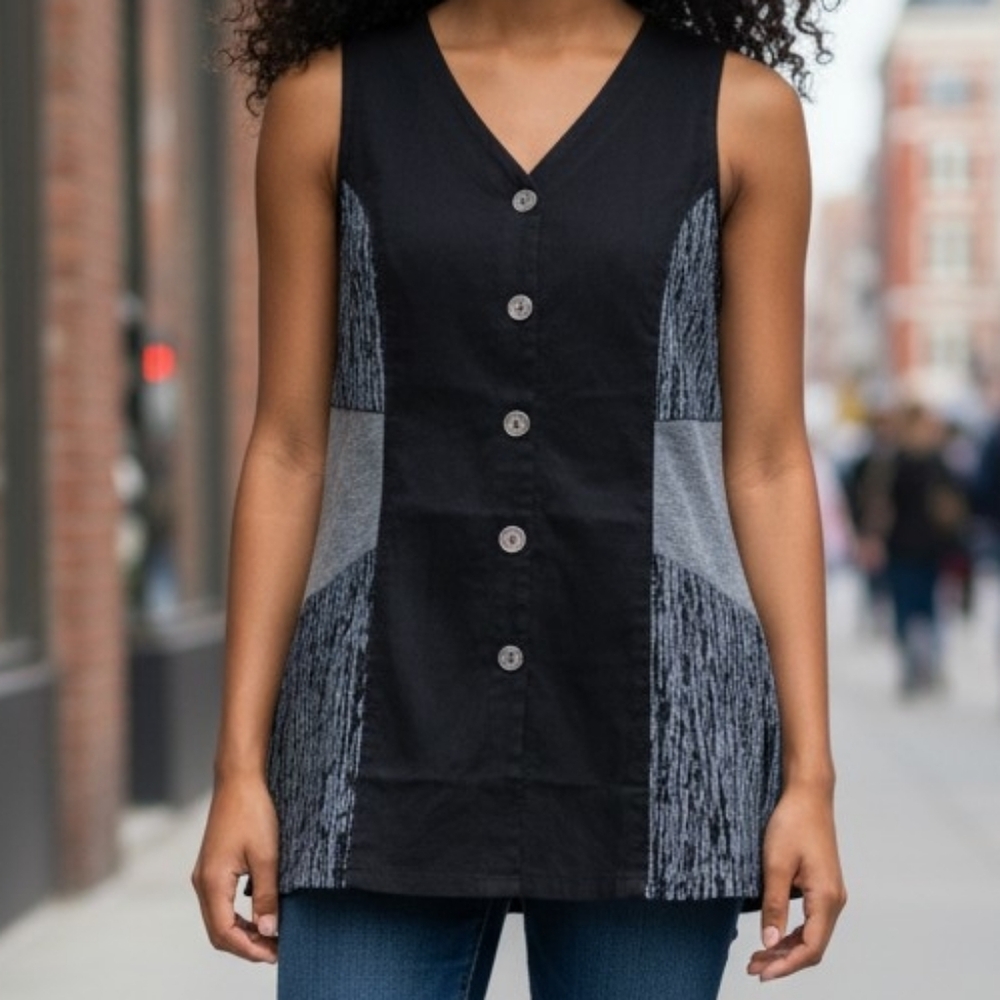 NEW! 1X Parsley & Sage Black and Gray Button-Front Sleeveless Top 4216